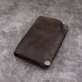 Men's retro brown genuine leather vertical wallet open showing card slots and coin pocket.