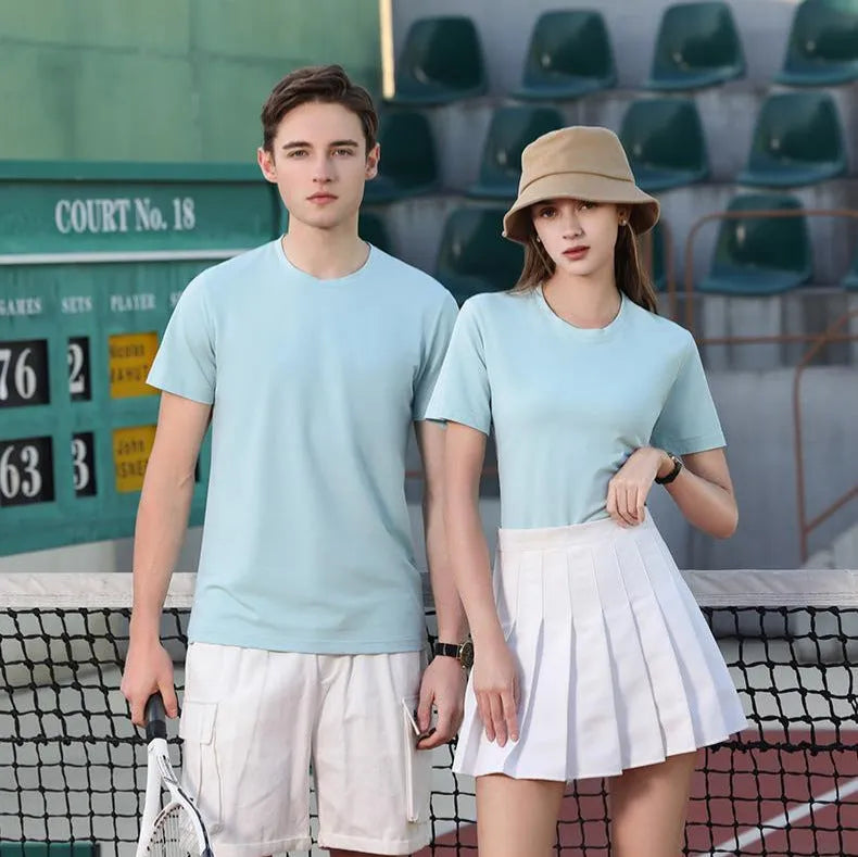 A straight-fit round neck short sleeve T-shirt on a hanger, available in multiple solid colours.