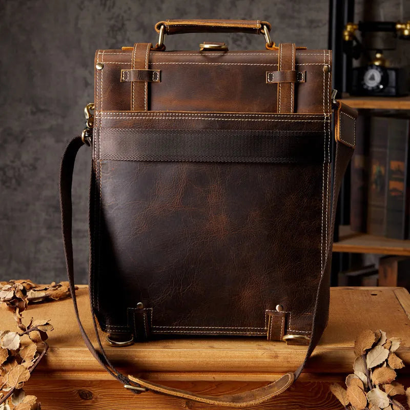 Brown first layer cowhide leather backpack with curved straps and dacron lining, 40x30x10cm