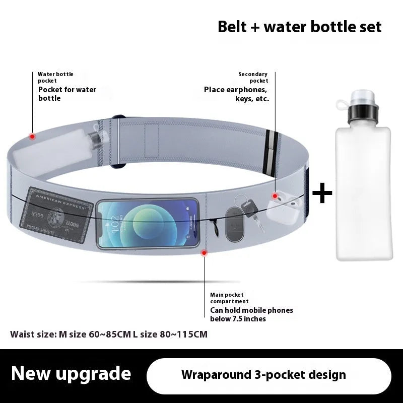 Black running waist bag with nylon fabric, two pockets, and 300ml kettle on white background