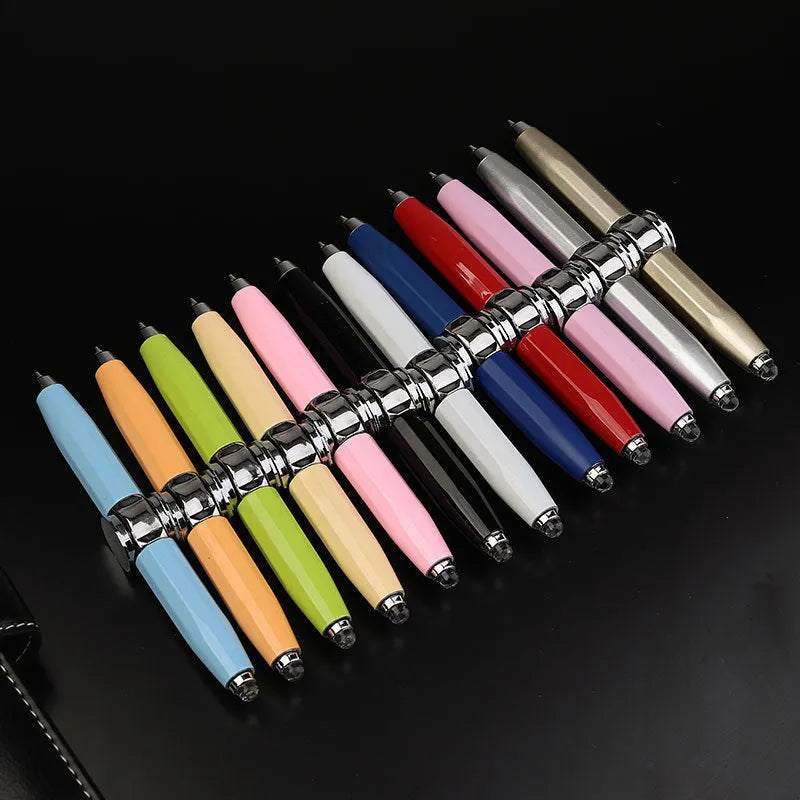 Metal spinning gyro ballpoint pen showing 10.5cm length with multiple refill colour options