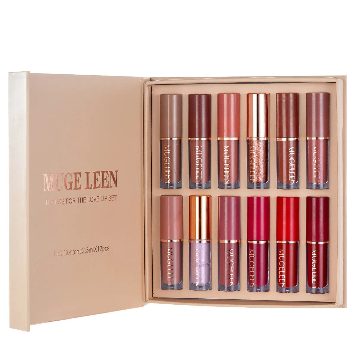Matte shimmer lip glaze 12-piece set with non-stick cup formula in coordinated colours