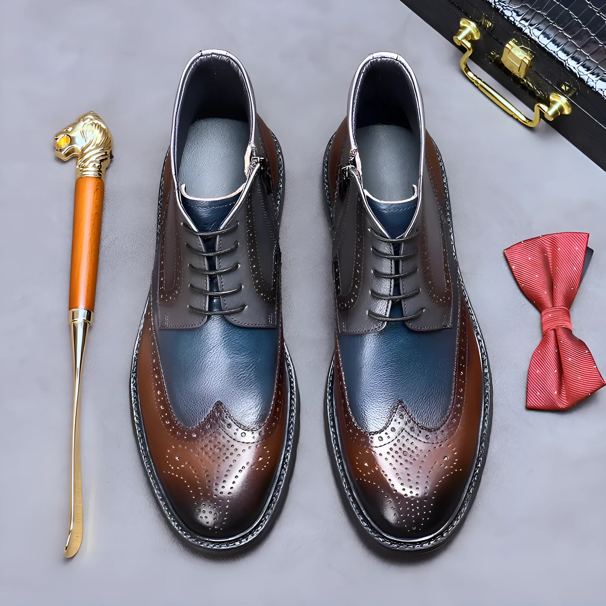 Coffee blue men's leather brogue ankle boots with carved stitching, round toe, and front lacing on a rubber sole.