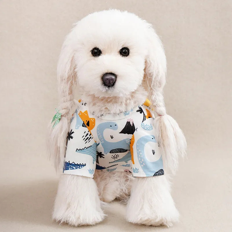 Printed full-body dog t-shirt for a small breed dog, shown in a casual setting.