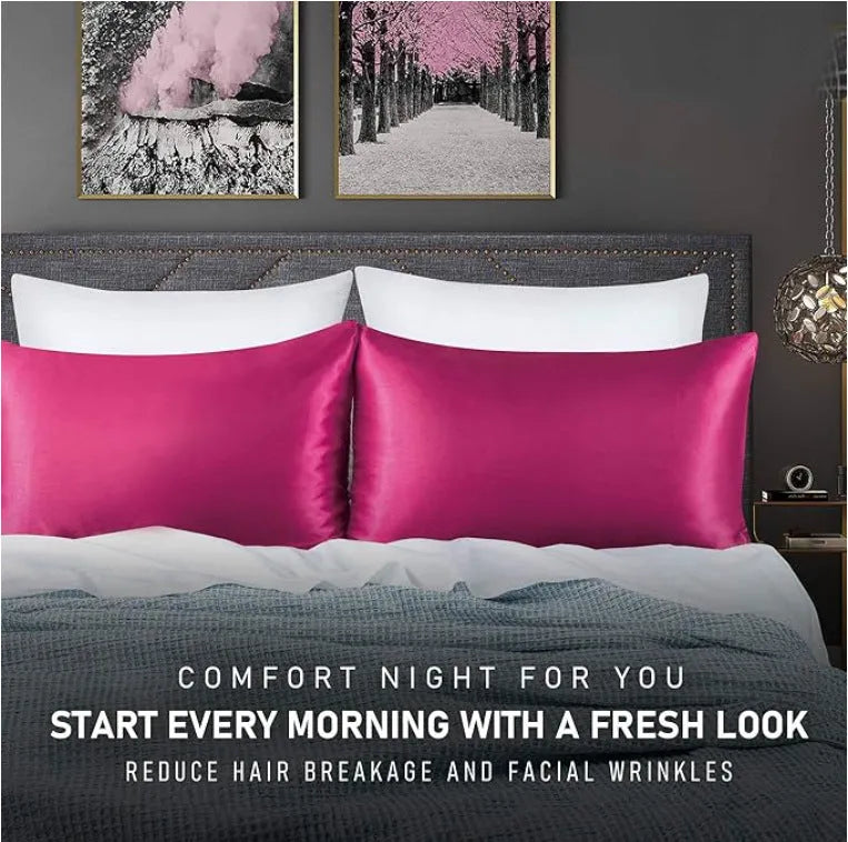 A pair of solid colour satin pillowcases made from polyester fabric, showing available size and colour options.