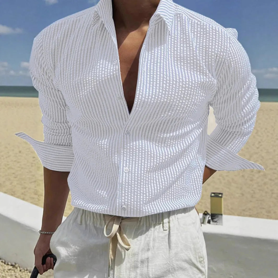 Man's blue and white striped long sleeve shirt with a cardigan-style lapel