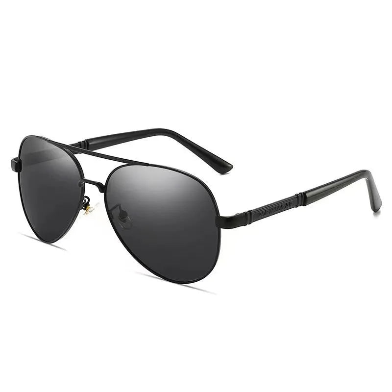 Men's gold metal frame polarised sunglasses with dragon decoration and grey lenses.
