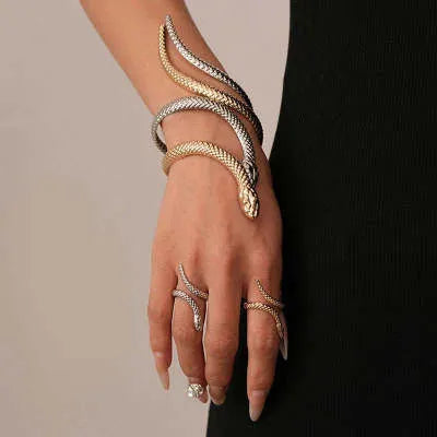 Exaggerated twisted winding snake simulation metal ring and bracelet 2-piece jewellery set
