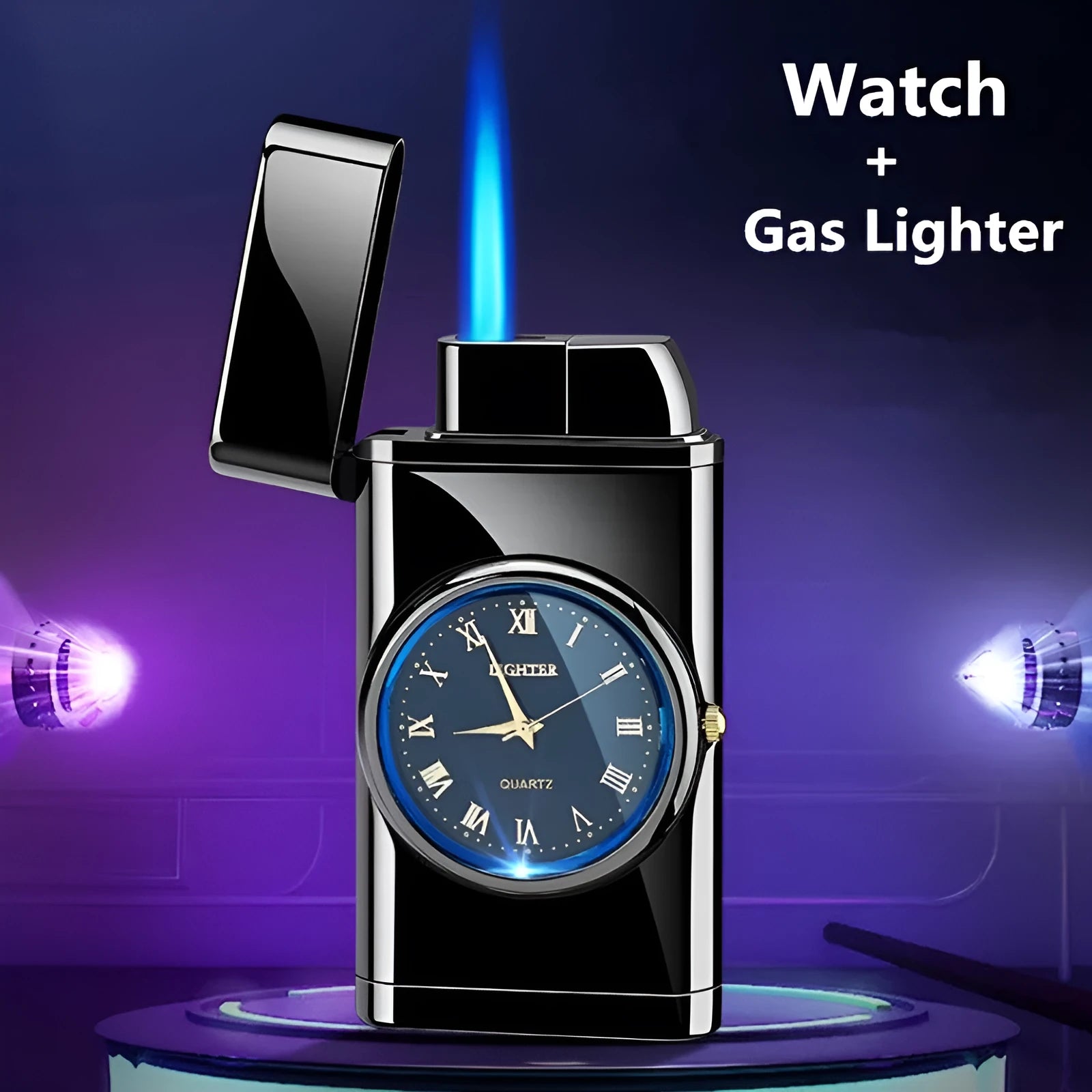 Multifunctional metal watch lighter with LED lamp in brushed black, mahogany, gold, or silver finish.