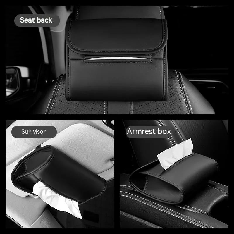 Leather car tissue box organiser with elastic band mount for sun visor or armrest.