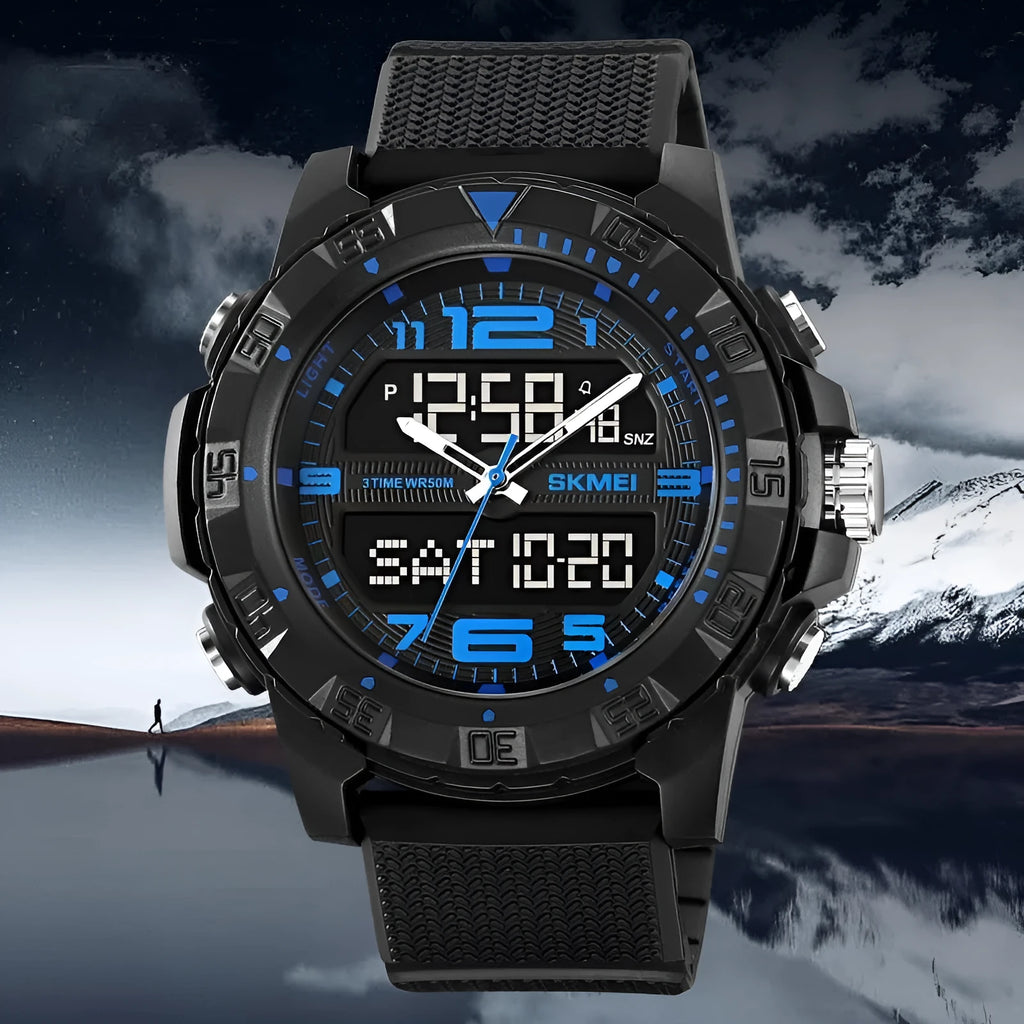 Men's dual display waterproof electronic watch with 53mm black resin dial and TPU strap for outdoor sports