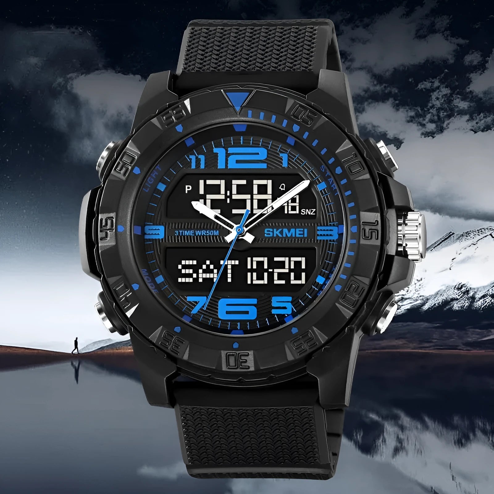 Men's dual display waterproof electronic watch with 53mm black resin dial and TPU strap for outdoor sports