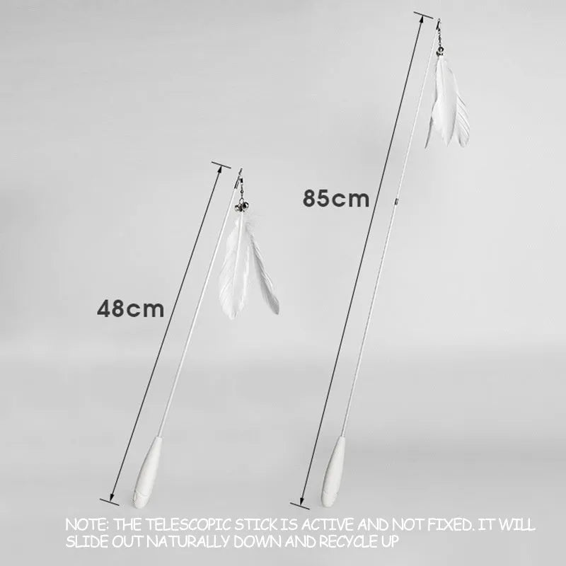 Telescopic cat fishing rod toy with goose feather teaser and bell, shown extended and collapsed.