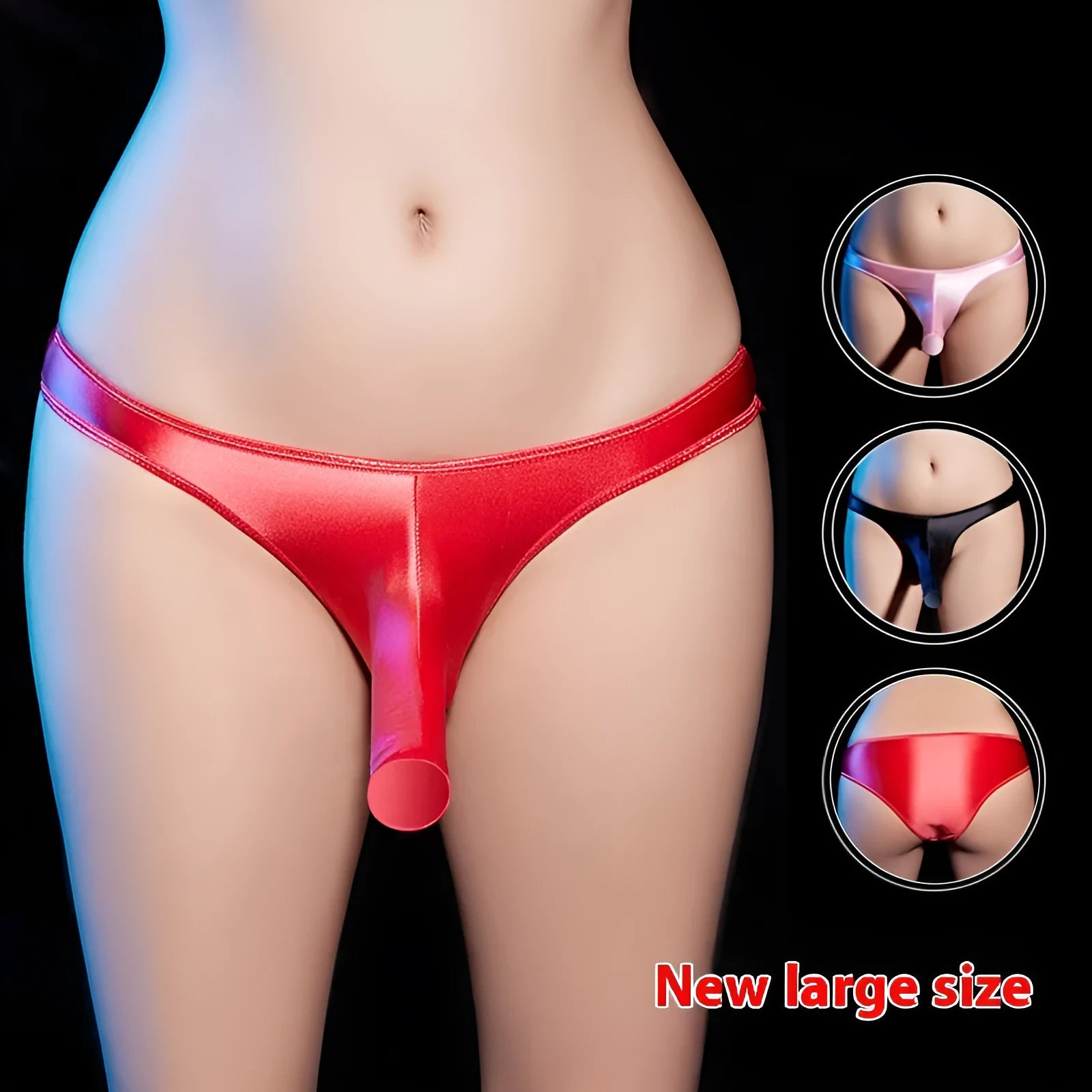 Men's shiny nylon low waist T-back underwear shown in black colour.