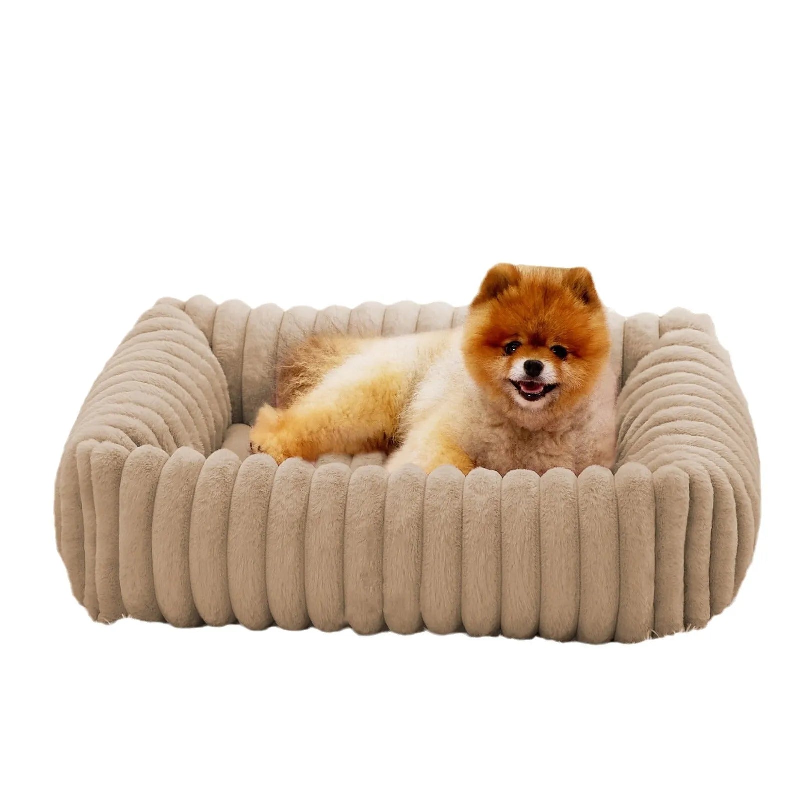 Beige removable cover pet bed for a medium-sized dog on a wooden floor.