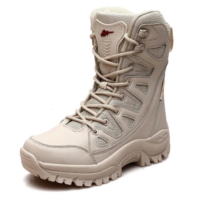 Men's cowhide leather hi-top hiking sneaker in beige, suitable for running, climbing and camping.