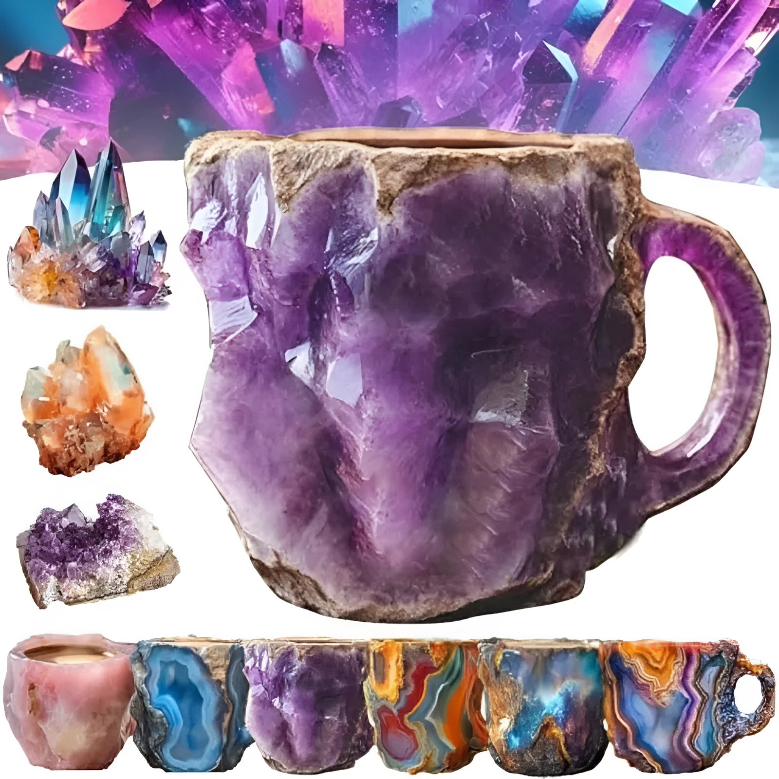 Purple resin mineral crystal coffee mug with handle showing 3D texture and 10cm height