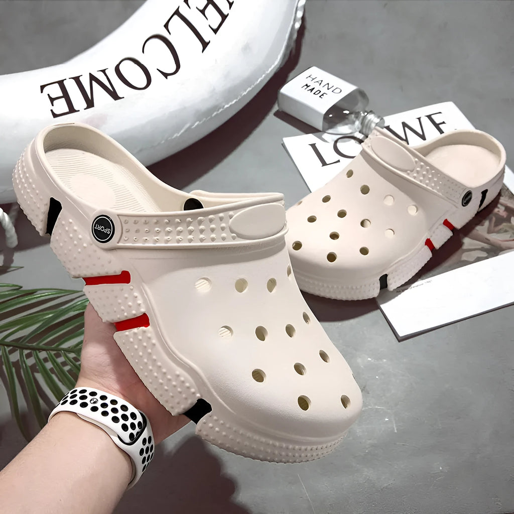 Trendy non-slip closed toe sandals for men in EVA with height increase, available in black, grey, green, purple, white