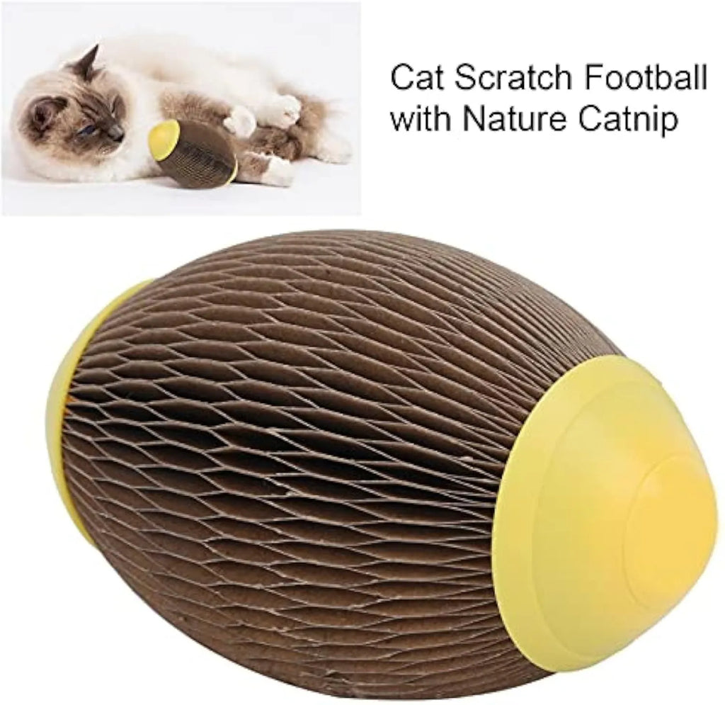 Elliptical corrugated paper catnip ball toy for scratching and kicking play