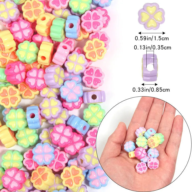 15mm frosted acrylic clover beads in mixed colours including pink, green, blue, and purple