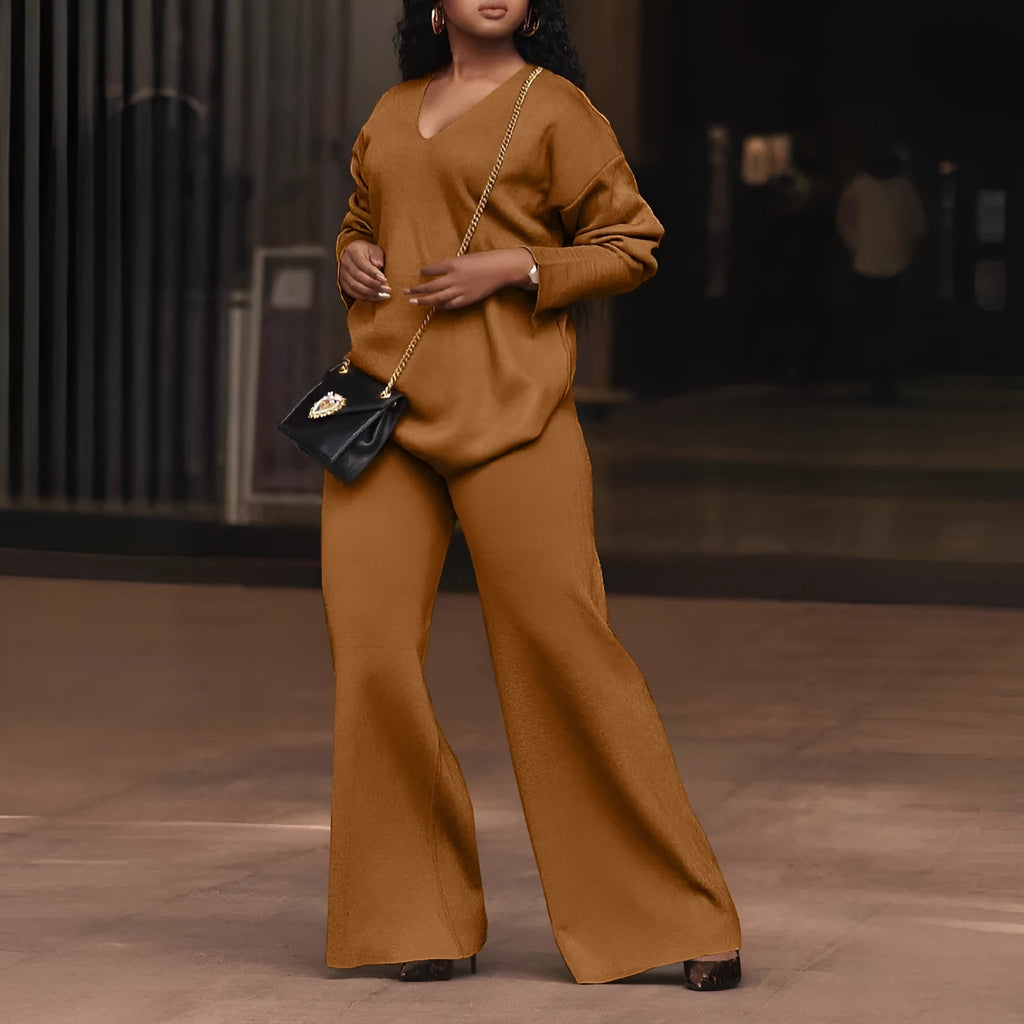 Women's brown suede velvet two-piece suit with split sleeves and matching trousers in Japanese Korean casual style