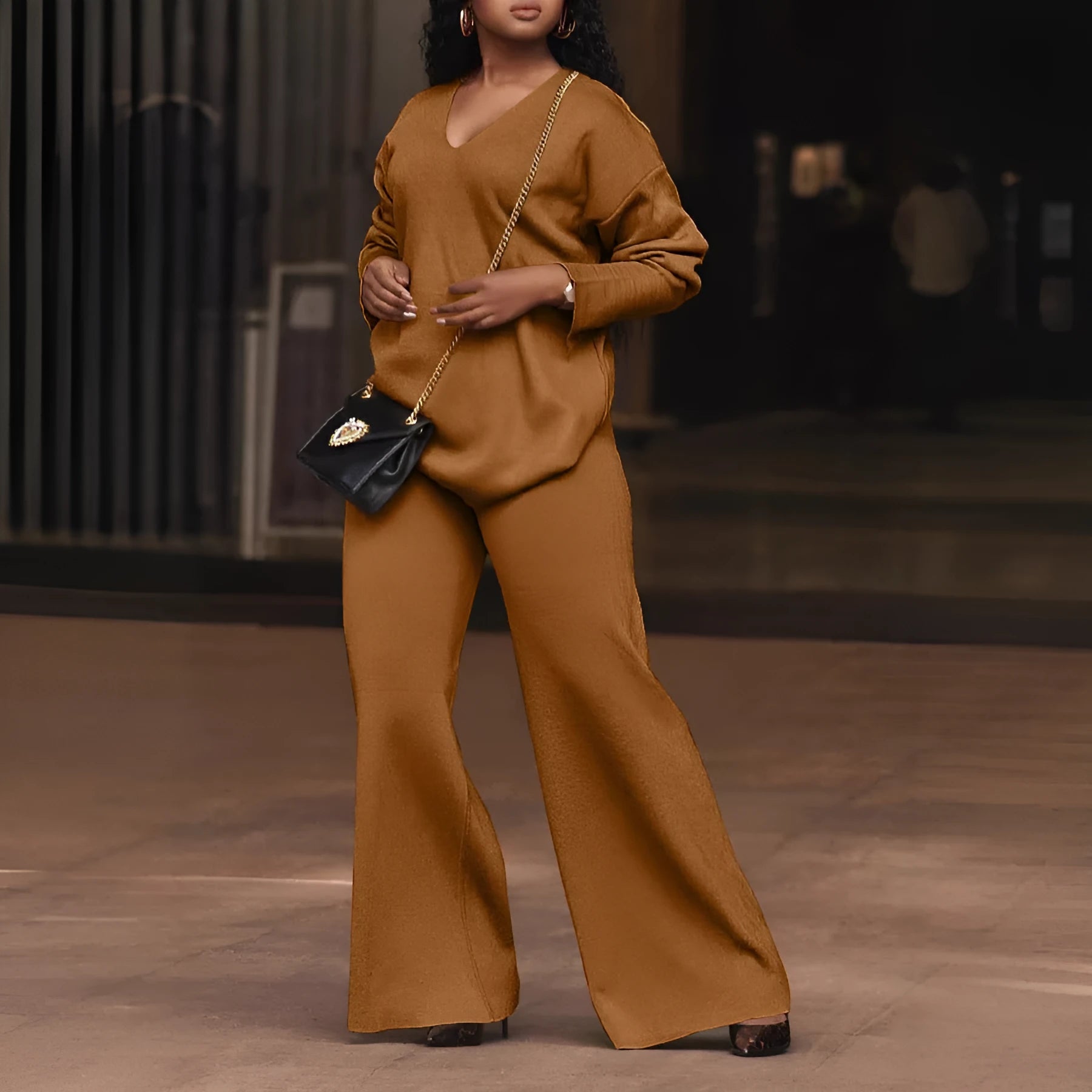 Women's brown suede velvet two-piece suit with split sleeves and matching trousers in Japanese Korean casual style