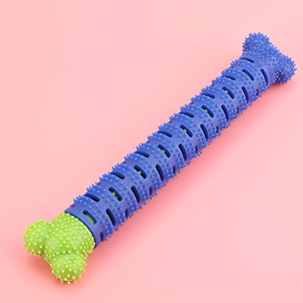 Blue green dog dental cleaning toy stick measuring 25 cm with silicone brush core and massage nodules