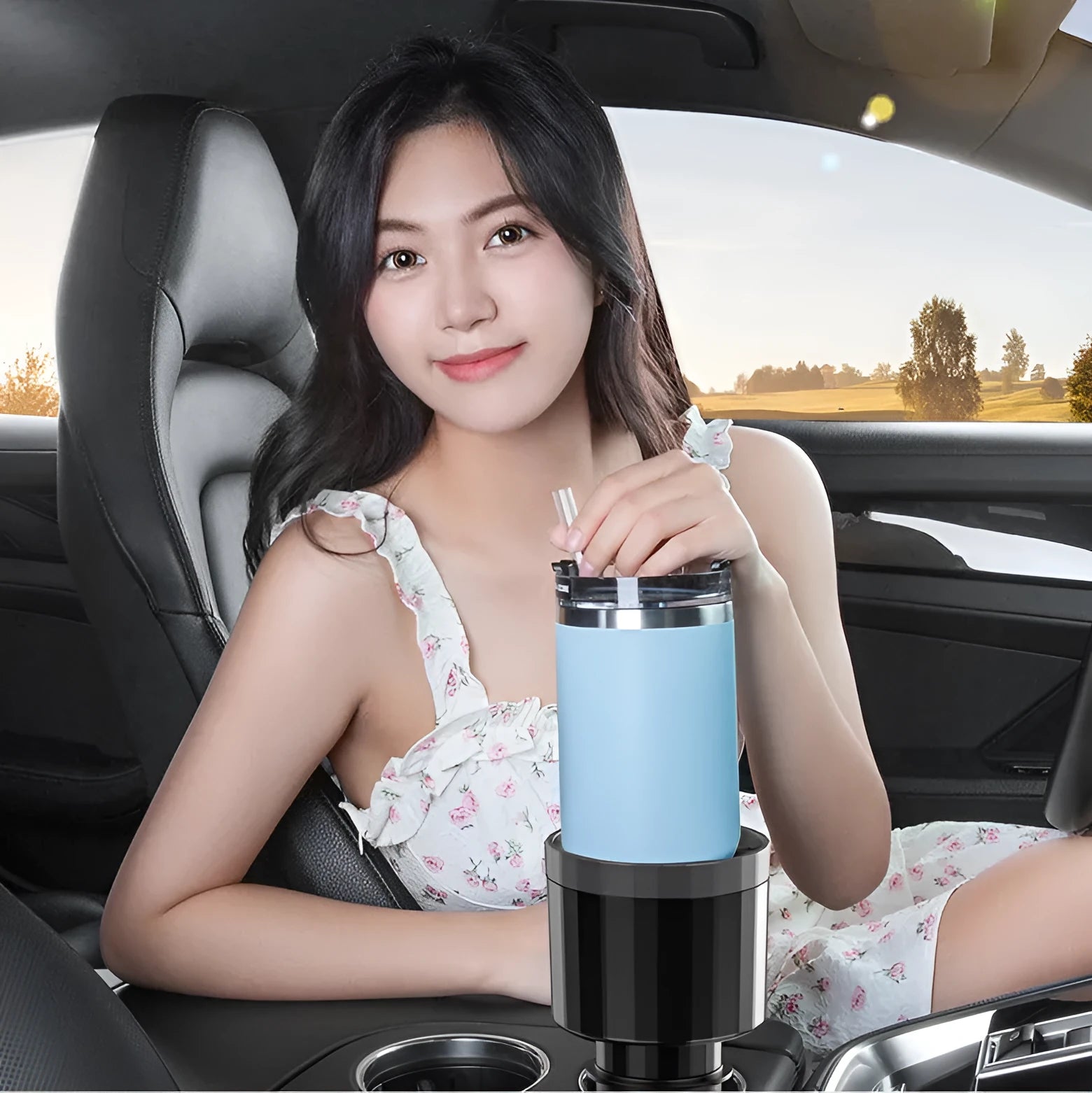 Matte black car cup holder expander with adjustable base for extra large bottles