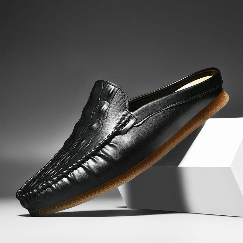 Men's black breathable gommino semi-slippers with a rubber sole and artificial PU upper.