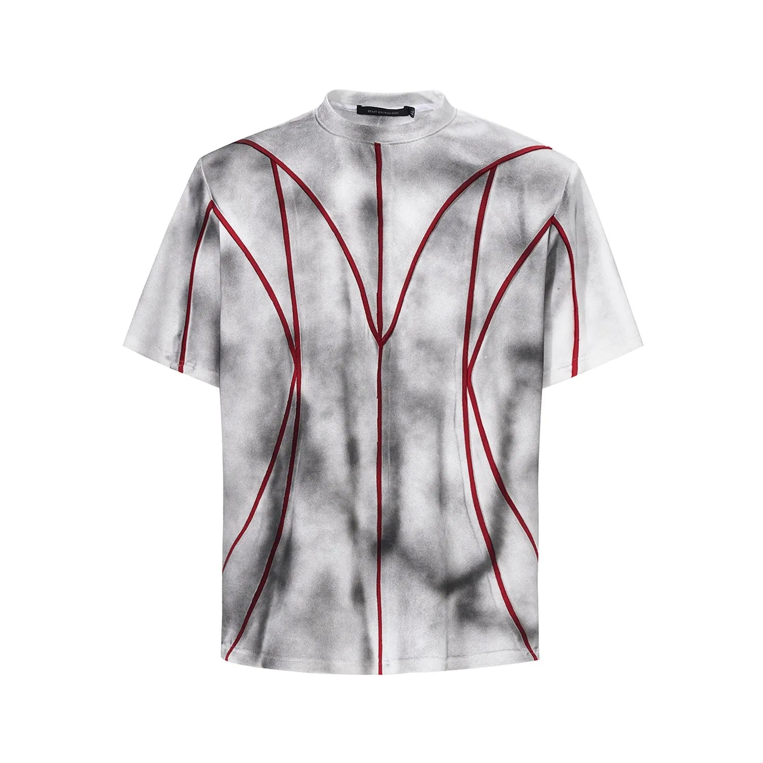 Padded shoulder short sleeve T-shirt with three-dimensional line patchwork detail on a round neck.