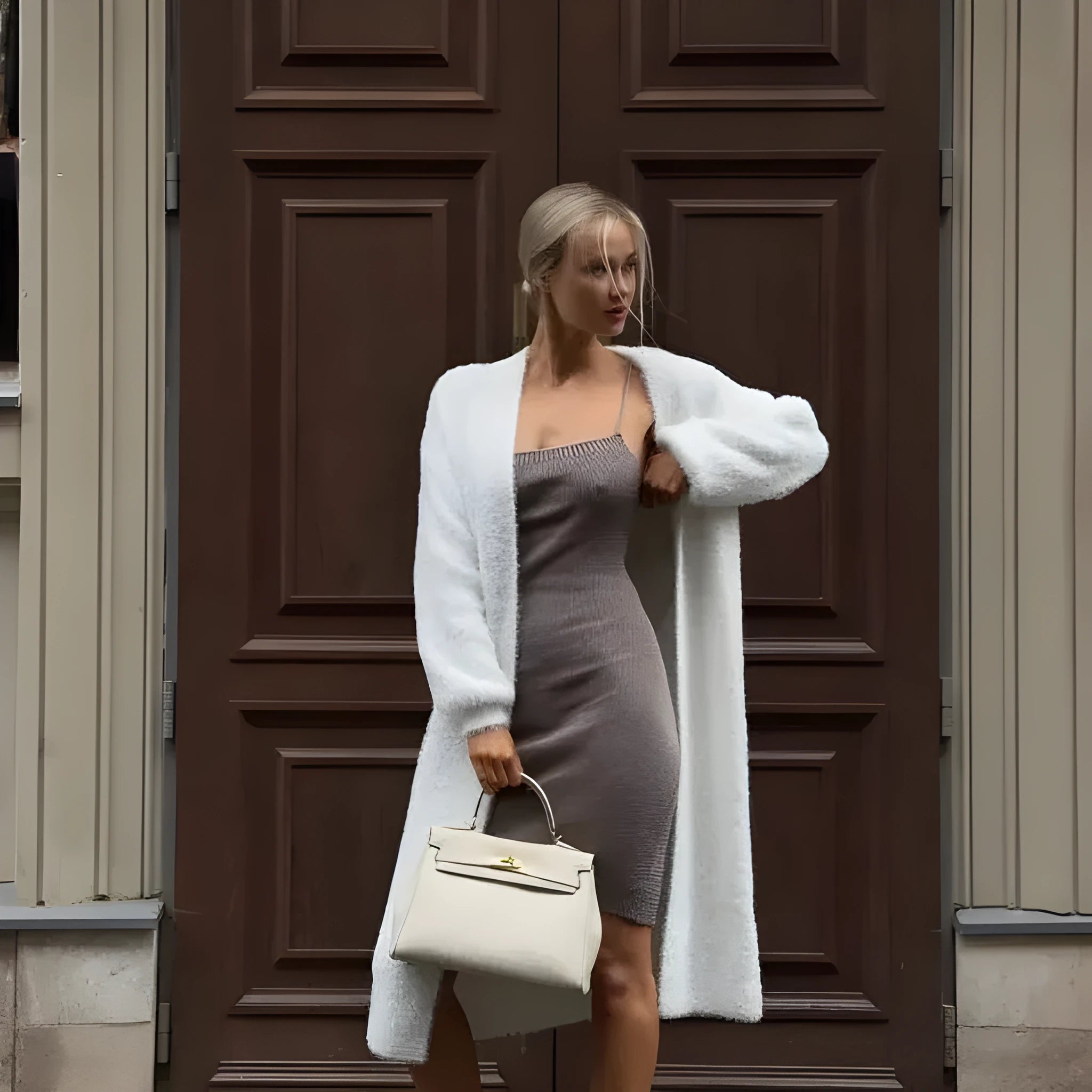 White knit cardigan jacket with extended length on hanger