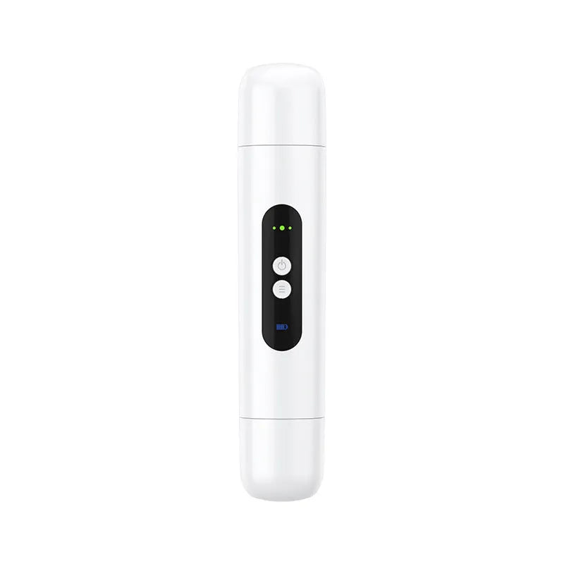 Pink and white portable electric armpit hair trimmer with USB charging cable on white background