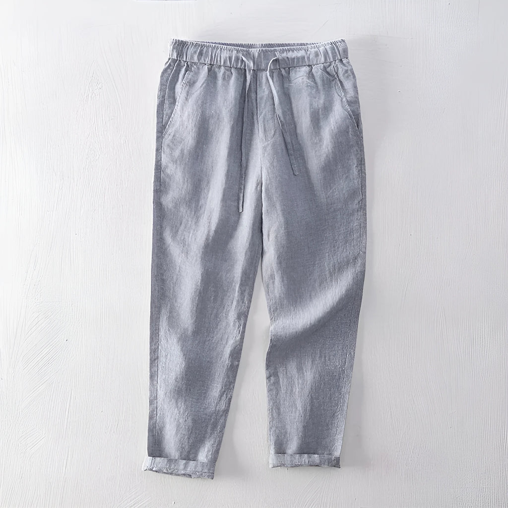 Men's linen straight leg trousers in mid waist design showing white, khaki, light grey and dark grey colour options