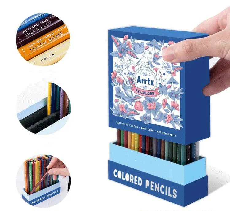 Boxed set of 72 soft core coloured pencils with basswood barrels for art drawing and painting