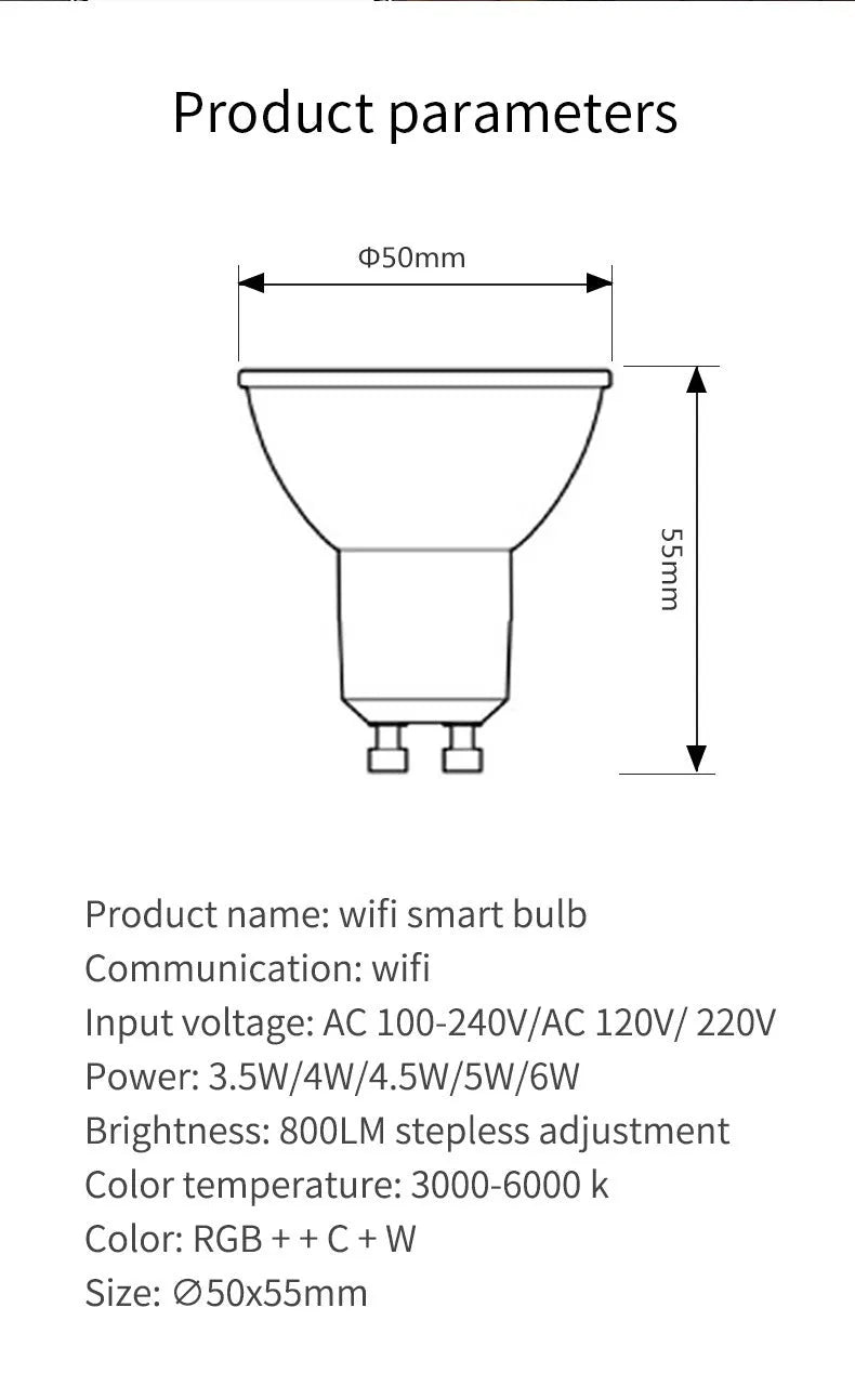 White GU10 smart LED spotlight with RGBCCT colour and wifi voice control