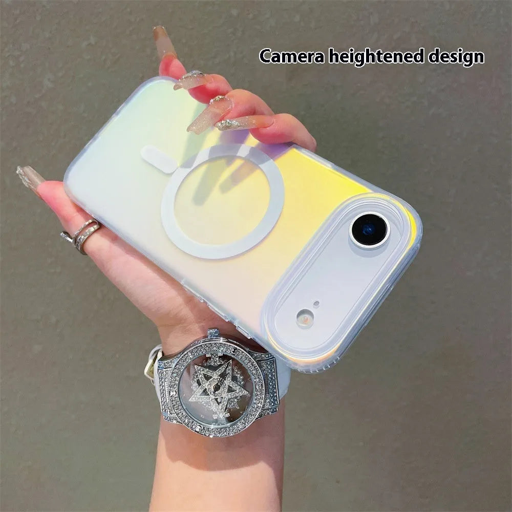 Laser gradient frosted magnetic back cover case for iPhone 17 series on a phone.