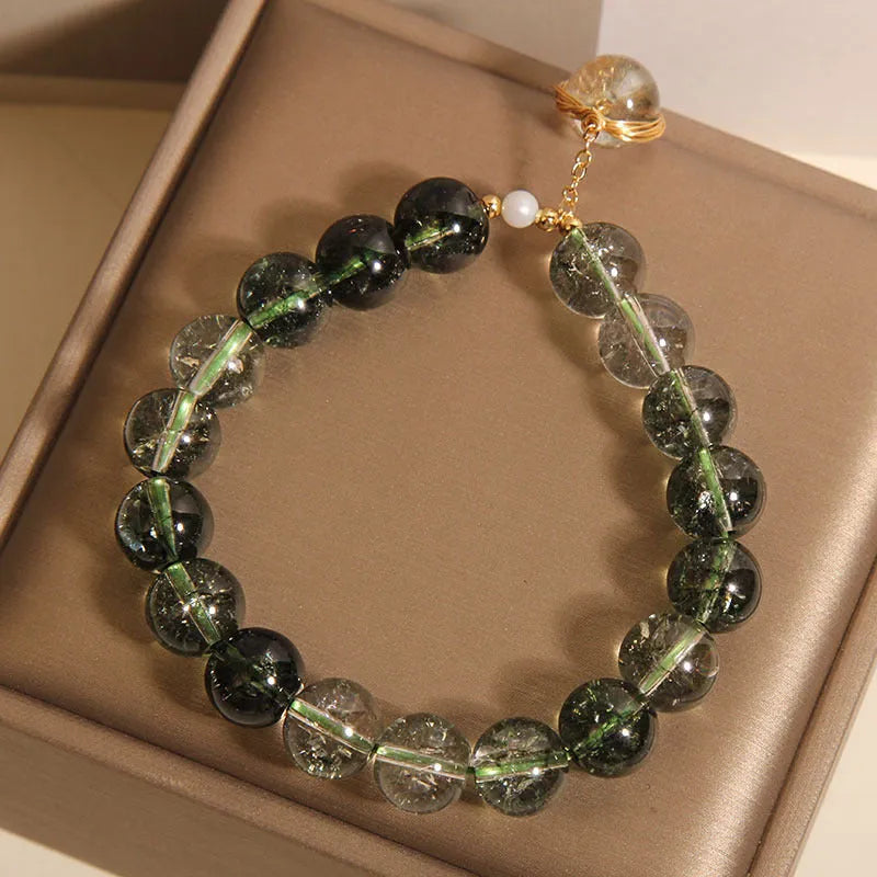Green phantom quartz and crystal women's bracelet in Japanese Korean style.