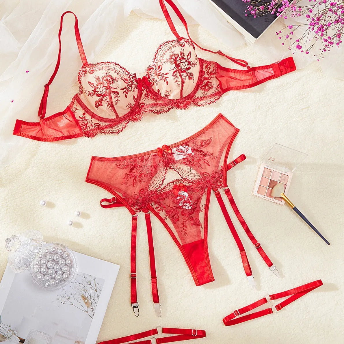 Women's embroidered underwear set with see-through lace panel and cutout design in three colour options