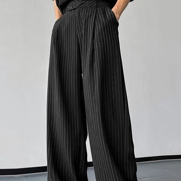 Men's black vertical striped pleated casual trousers showing front design and fabric texture