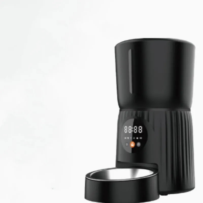 Black and white intelligent pet feeder with automatic timing and portion control for dry food