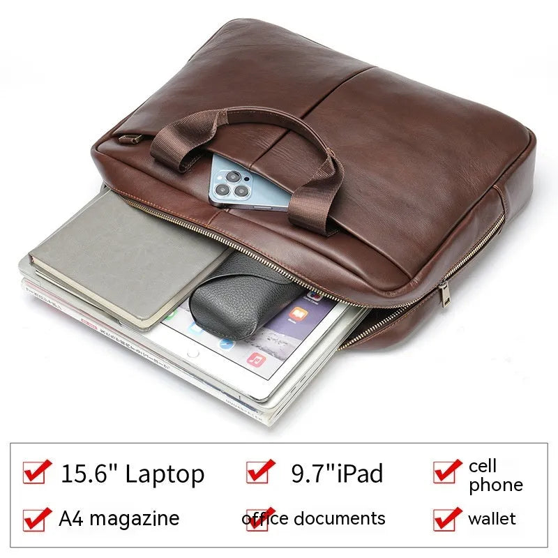 Genuine leather large capacity horizontal briefcase for men in black with sewing line detailing, first layer cowhide