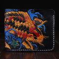 Men's carved cow leather short wallet in red, shown open with compact dimensions.