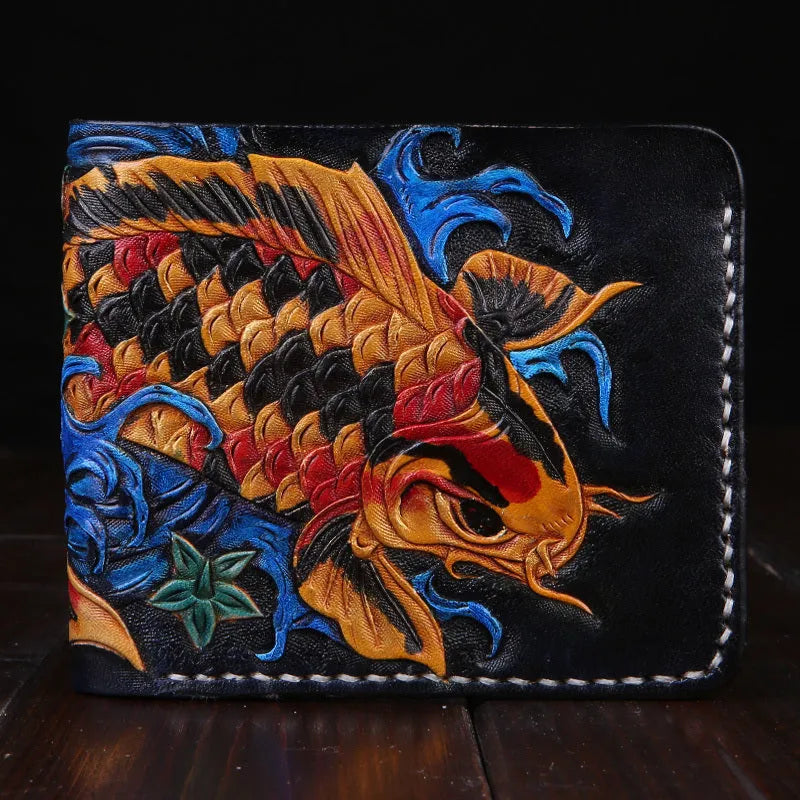 Men's carved cow leather short wallet in red, shown open with compact dimensions.