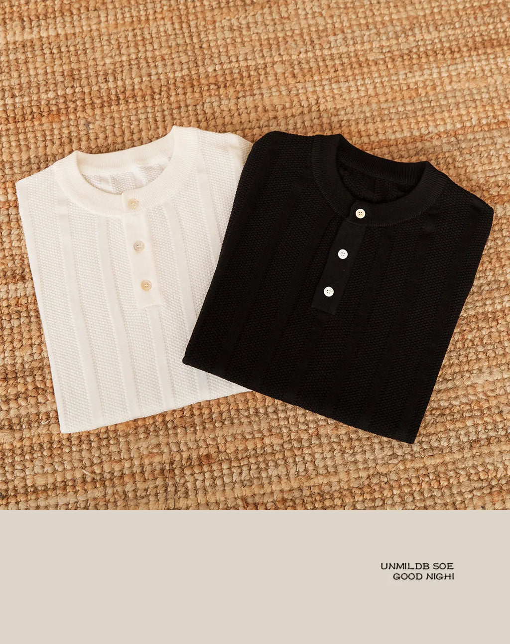 Men's creamy-white Henry collar cotton T-shirt with sunken stripe design on thin fabric.