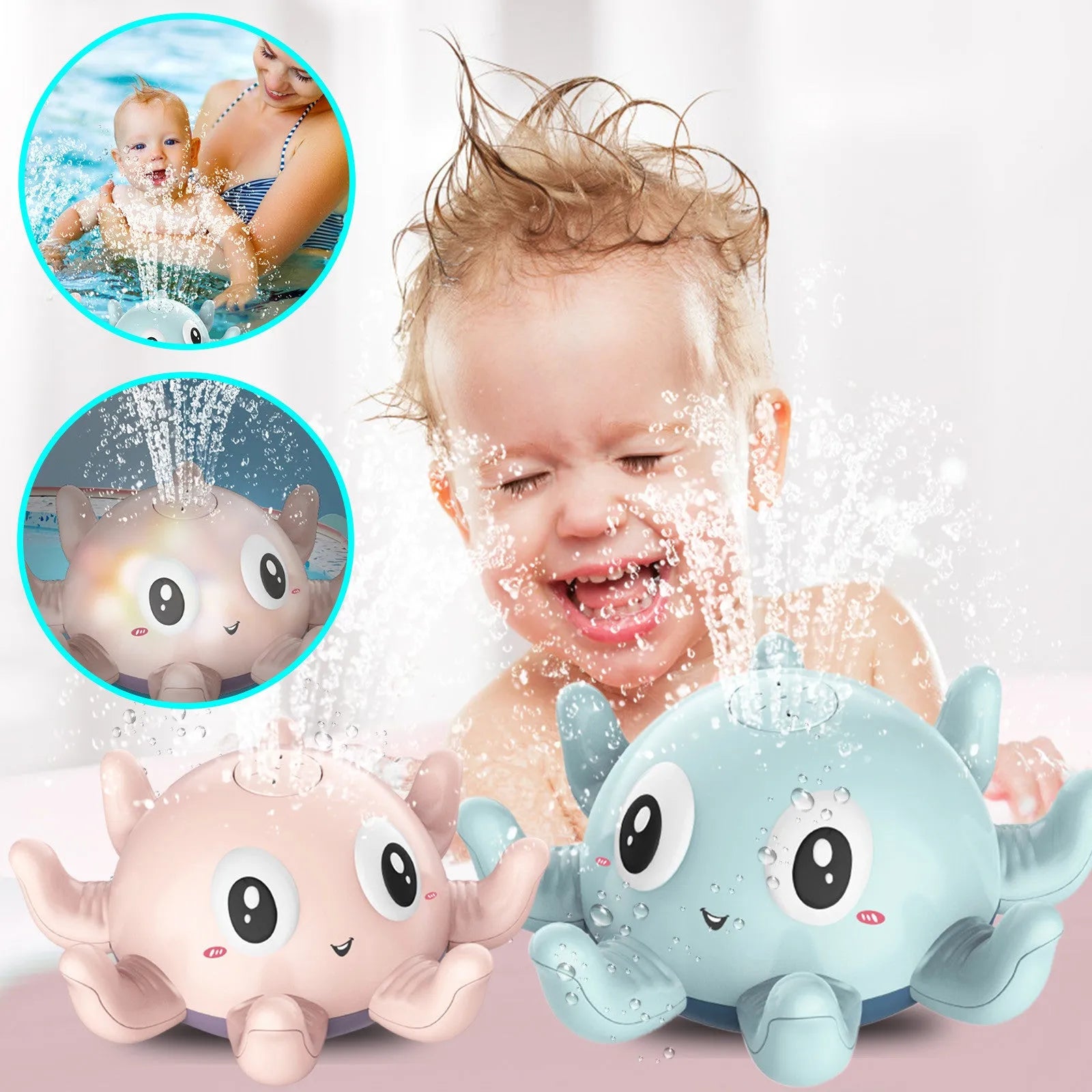 Automatic water spray bath toy with flashing lights in pink or blue colour for children's bath time