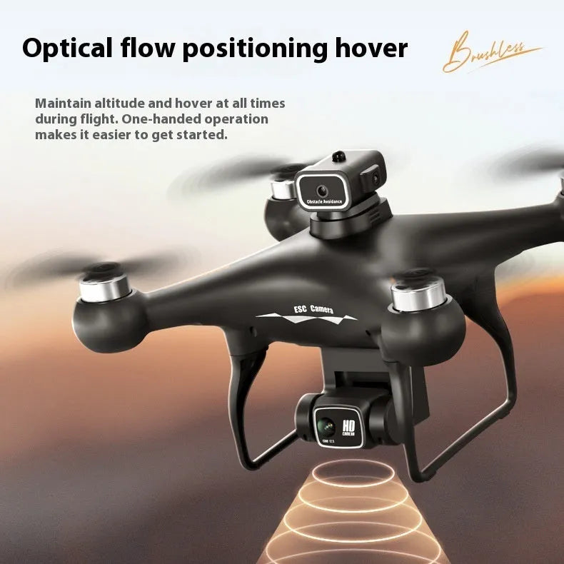Black and white compact brushless drone with obstacle avoidance sensors and a dual camera system