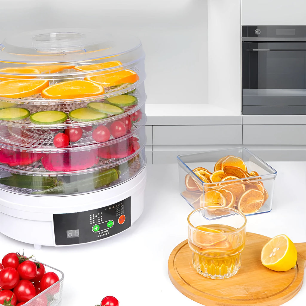 Five-tray household fruit dehydrator with clear door and adjustable temperature control