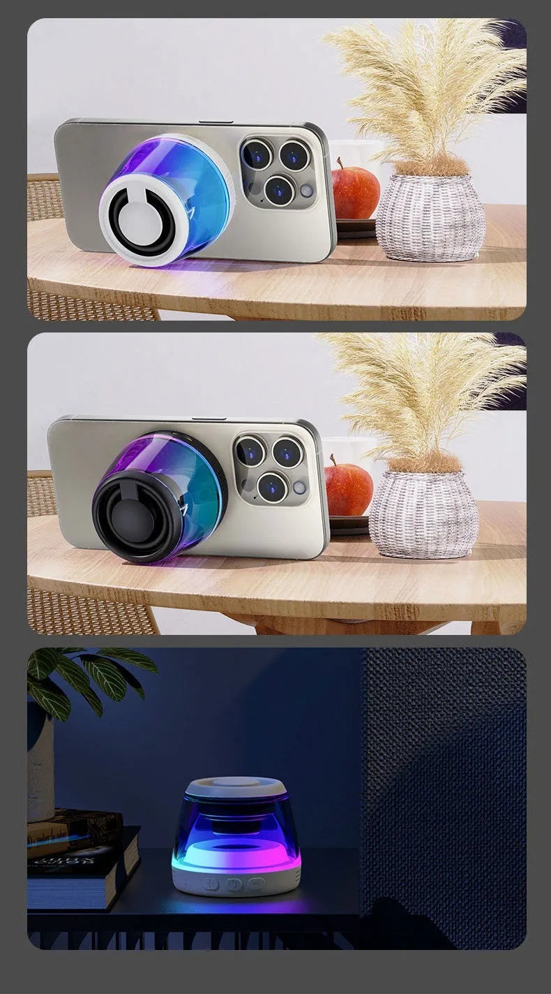 White mini Bluetooth speaker with ambient light on magnetic base