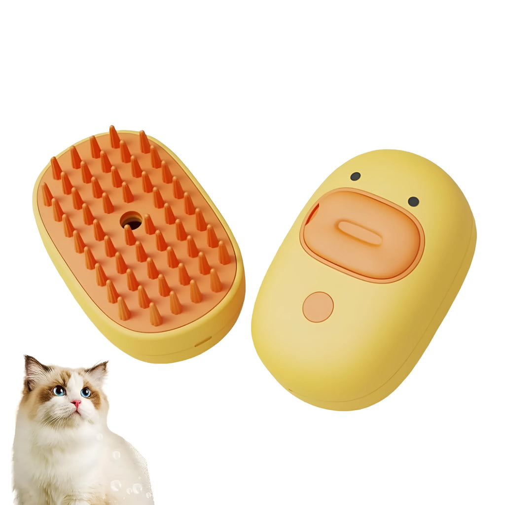 White pet steam brush with silicone teeth and water tank for cat and dog grooming