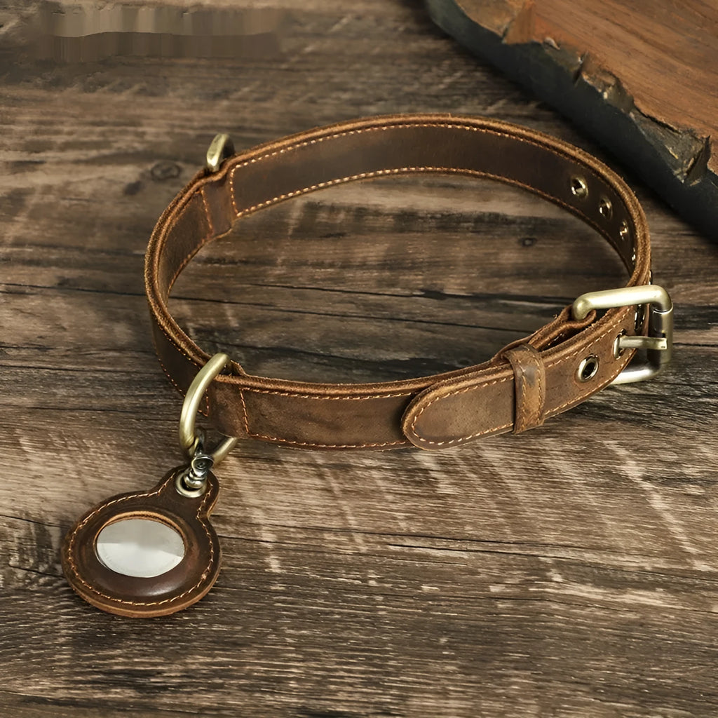 Brown genuine leather retro dog collar with double-sided cowhide construction and halter design